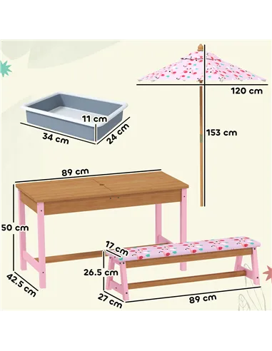 AIYAPLAY Kids Picnic Table Set with Removable & Foldable Umbrella, Cushions, Storage Boxes, Flamingo Theme, Pink