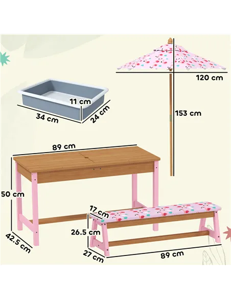 AIYAPLAY Kids Picnic Table Set with Removable & Foldable Umbrella, Cushions, Storage Boxes, Flamingo Theme, Pink
