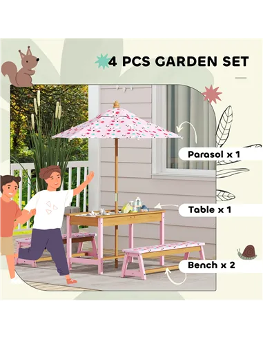 AIYAPLAY Kids Picnic Table Set with Removable & Foldable Umbrella, Cushions, Storage Boxes, Flamingo Theme, Pink