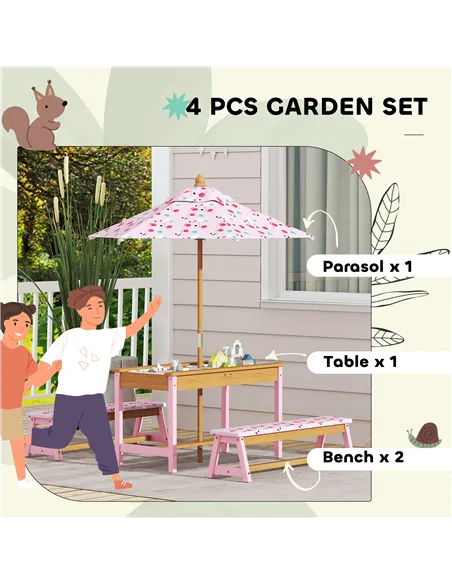 AIYAPLAY Kids Picnic Table Set with Removable & Foldable Umbrella, Cushions, Storage Boxes, Flamingo Theme, Pink