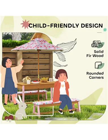 AIYAPLAY Kids Picnic Table Set with Removable & Foldable Umbrella, Cushions, Storage Boxes, Flamingo Theme, Pink