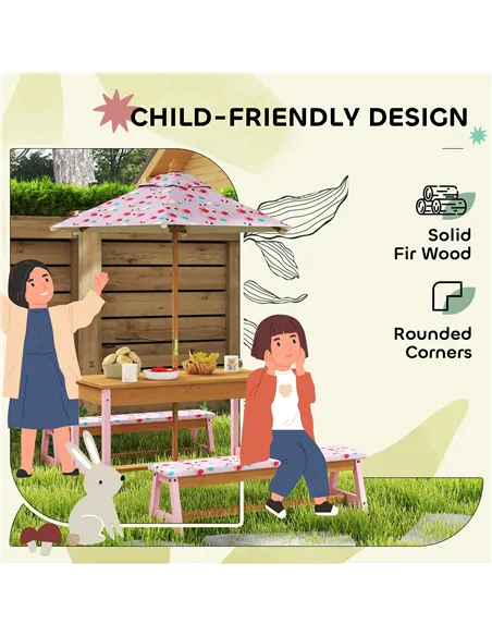 AIYAPLAY Kids Picnic Table Set with Removable & Foldable Umbrella, Cushions, Storage Boxes, Flamingo Theme, Pink