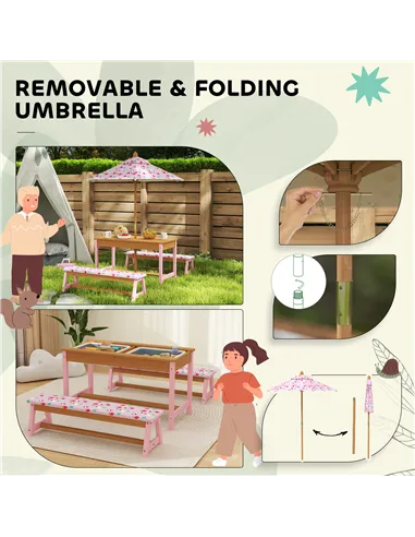 AIYAPLAY Kids Picnic Table Set with Removable & Foldable Umbrella, Cushions, Storage Boxes, Flamingo Theme, Pink