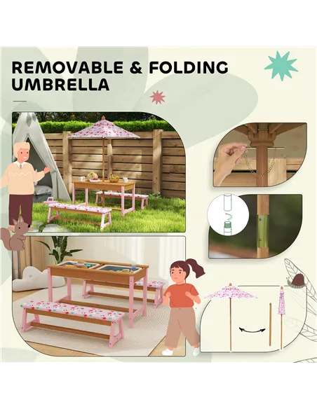 AIYAPLAY Kids Picnic Table Set with Removable & Foldable Umbrella, Cushions, Storage Boxes, Flamingo Theme, Pink