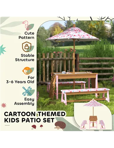 AIYAPLAY Kids Picnic Table Set with Removable & Foldable Umbrella, Cushions, Storage Boxes, Flamingo Theme, Pink