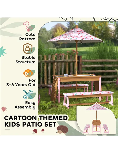 AIYAPLAY Kids Picnic Table Set with Removable & Foldable Umbrella, Cushions, Storage Boxes, Flamingo Theme, Pink