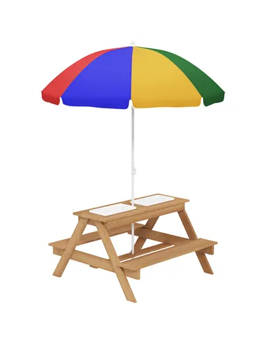 AIYAPLAY Kids Picnic Table, Sand and Water Table with Wooden Benches, Adjustable Parasol and Storage Bins, Multicolour