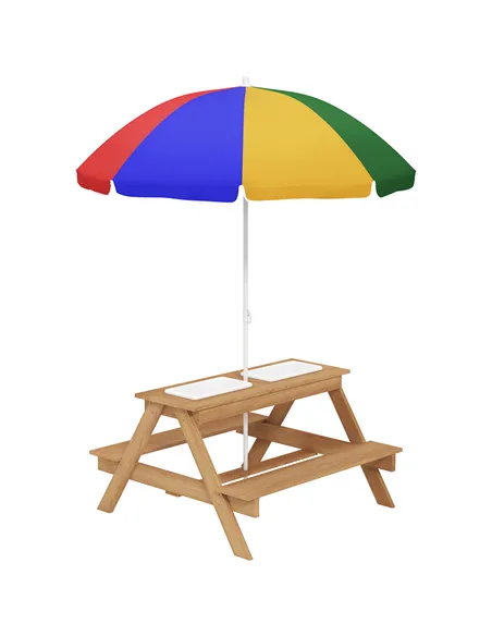 AIYAPLAY Kids Picnic Table, Sand and Water Table with Wooden Benches, Adjustable Parasol and Storage Bins, Multicolour
