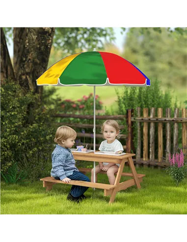 AIYAPLAY Kids Picnic Table, Sand and Water Table with Wooden Benches, Adjustable Parasol and Storage Bins, Multicolour