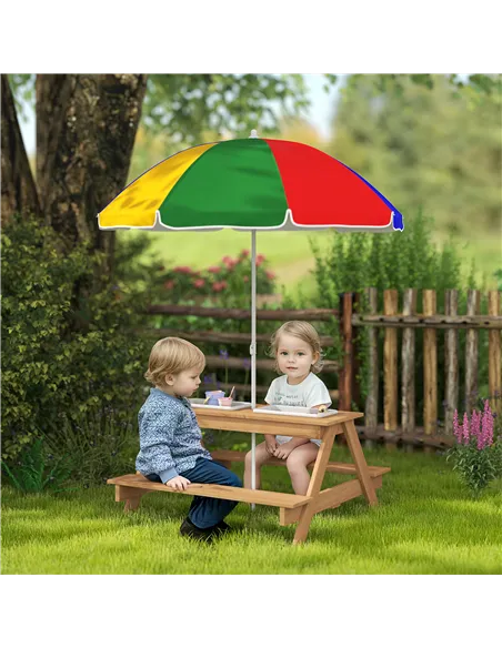 AIYAPLAY Kids Picnic Table, Sand and Water Table with Wooden Benches, Adjustable Parasol and Storage Bins, Multicolour