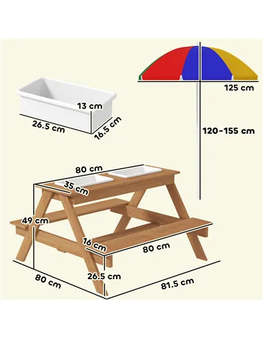 AIYAPLAY Kids Picnic Table, Sand and Water Table with Wooden Benches, Adjustable Parasol and Storage Bins, Multicolour