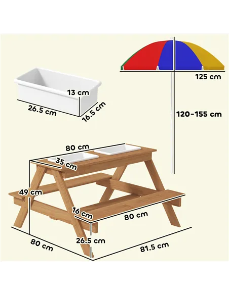 AIYAPLAY Kids Picnic Table, Sand and Water Table with Wooden Benches, Adjustable Parasol and Storage Bins, Multicolour