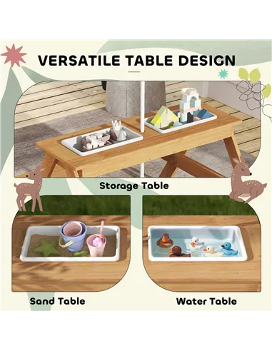 AIYAPLAY Kids Picnic Table, Sand and Water Table with Wooden Benches, Adjustable Parasol and Storage Bins, Multicolour