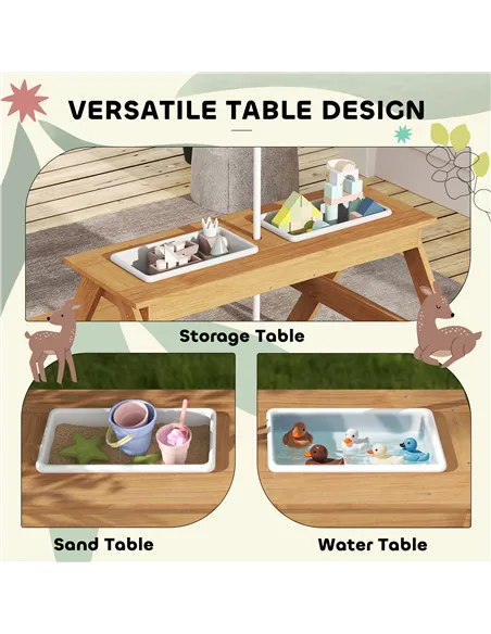 AIYAPLAY Kids Picnic Table, Sand and Water Table with Wooden Benches, Adjustable Parasol and Storage Bins, Multicolour