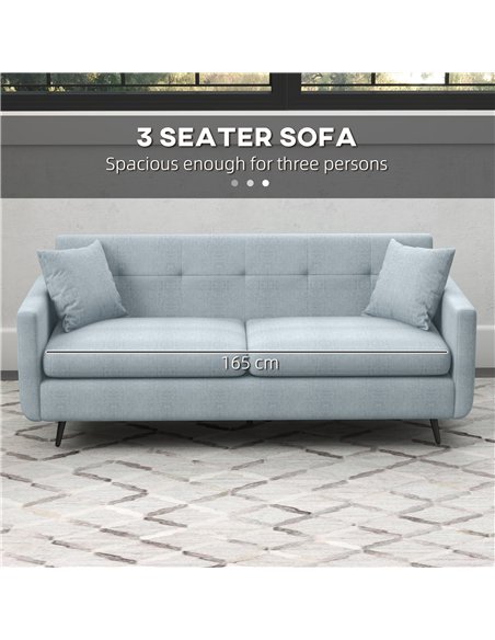 HOMCOM 165cm 3 Seater Sofa for Living Room, Modern Fabric Couch, Tufted Small Couch Sofa Settee with Steel Legs and 2 Storage Po