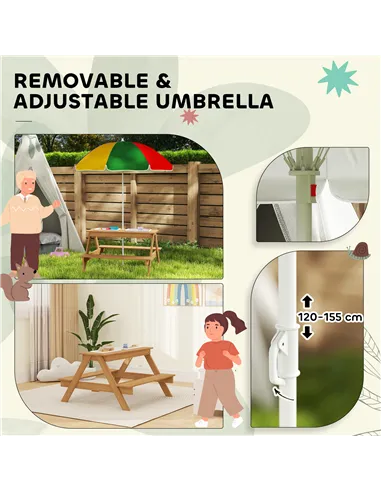 AIYAPLAY Kids Picnic Table, Sand and Water Table with Wooden Benches, Adjustable Parasol and Storage Bins, Multicolour