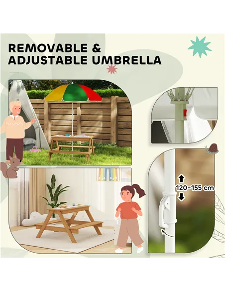 AIYAPLAY Kids Picnic Table, Sand and Water Table with Wooden Benches, Adjustable Parasol and Storage Bins, Multicolour