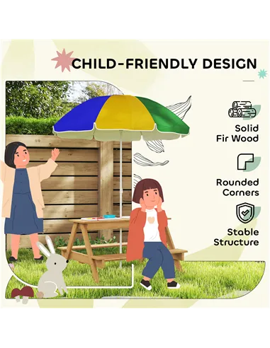 AIYAPLAY Kids Picnic Table, Sand and Water Table with Wooden Benches, Adjustable Parasol and Storage Bins, Multicolour