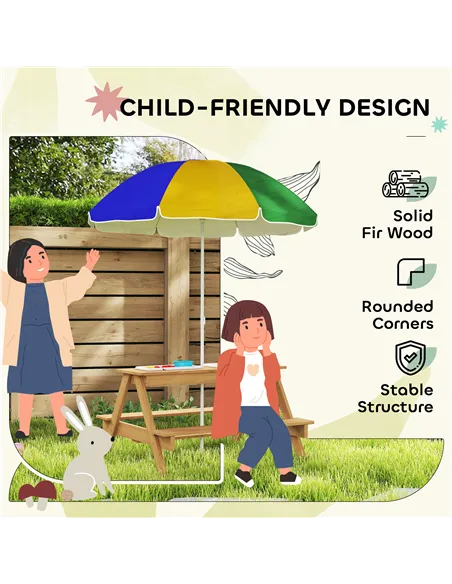 AIYAPLAY Kids Picnic Table, Sand and Water Table with Wooden Benches, Adjustable Parasol and Storage Bins, Multicolour