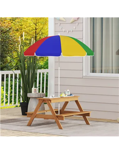 AIYAPLAY Kids Picnic Table, Sand and Water Table with Wooden Benches, Adjustable Parasol and Storage Bins, Multicolour