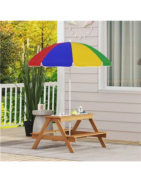 AIYAPLAY Kids Picnic Table, Sand and Water Table with Wooden Benches, Adjustable Parasol and Storage Bins, Multicolour