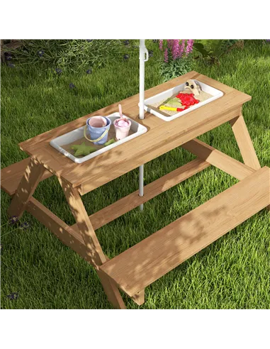 AIYAPLAY Kids Picnic Table, Sand and Water Table with Wooden Benches, Adjustable Parasol and Storage Bins, Multicolour