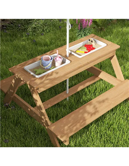 AIYAPLAY Kids Picnic Table, Sand and Water Table with Wooden Benches, Adjustable Parasol and Storage Bins, Multicolour