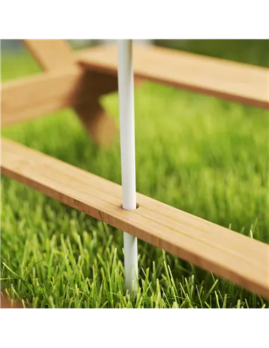 AIYAPLAY Kids Picnic Table, Sand and Water Table with Wooden Benches, Adjustable Parasol and Storage Bins, Multicolour