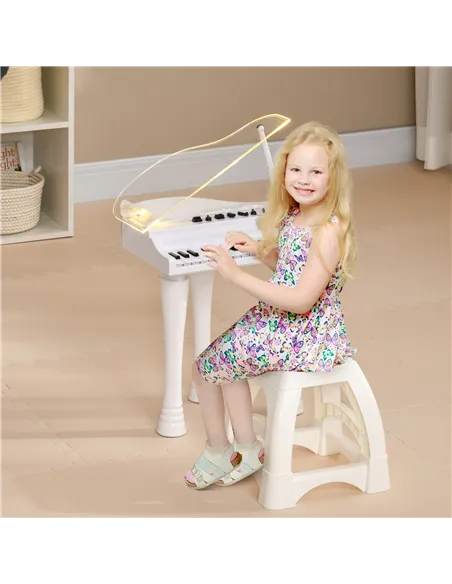 AIYAPLAY 32-Key Kids Piano Keyboard, with Stool, Lights, Microphone, Sounds, Removable Legs - White