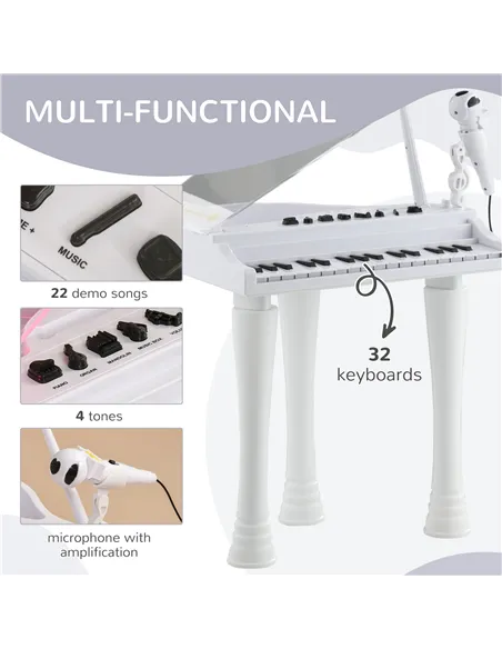 AIYAPLAY 32-Key Kids Piano Keyboard, with Stool, Lights, Microphone, Sounds, Removable Legs - White