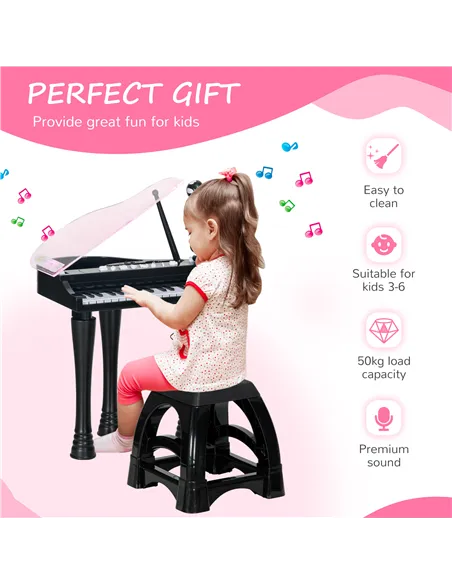 AIYAPLAY 32-Key Kids Piano Keyboard, with Stool, Lights, Microphone, Sounds, Removable Legs - Black