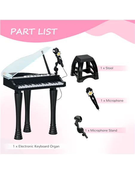 AIYAPLAY 32-Key Kids Piano Keyboard, with Stool, Lights, Microphone, Sounds, Removable Legs - Black