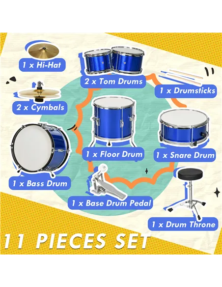 AIYAPLAY 11-Piece Kids Drum Kits w/ Stool, Drumsticks, Pedal, Cymbals, for 3-6 Years, Blue