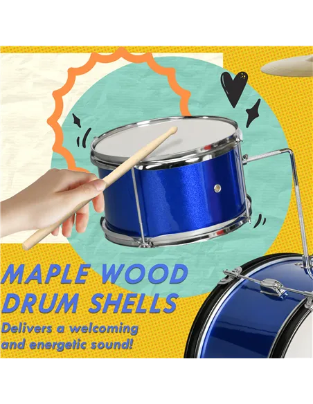 AIYAPLAY 11-Piece Kids Drum Kits w/ Stool, Drumsticks, Pedal, Cymbals, for 3-6 Years, Blue