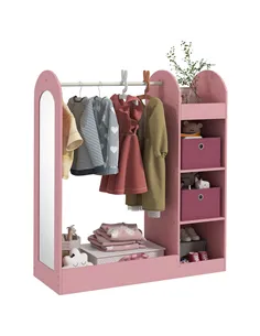 AIYAPLAY Kids Clothes Rail with Storage Shelf, Boxes, Mirror for Bedroom, Nursery, Pink