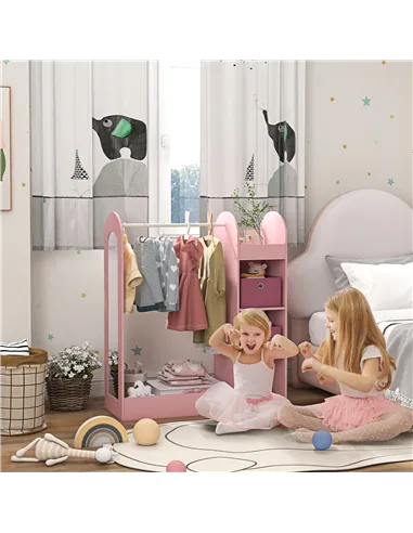 AIYAPLAY Kids Clothes Rail with Storage Shelf, Boxes, Mirror for Bedroom, Nursery, Pink