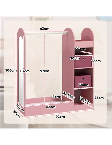 AIYAPLAY Kids Clothes Rail with Storage Shelf, Boxes, Mirror for Bedroom, Nursery, Pink