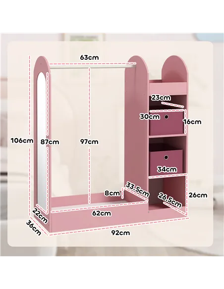 AIYAPLAY Kids Clothes Rail with Storage Shelf, Boxes, Mirror for Bedroom, Nursery, Pink