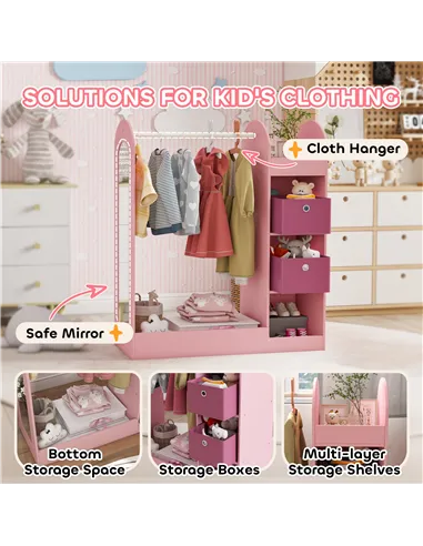 AIYAPLAY Kids Clothes Rail with Storage Shelf, Boxes, Mirror for Bedroom, Nursery, Pink