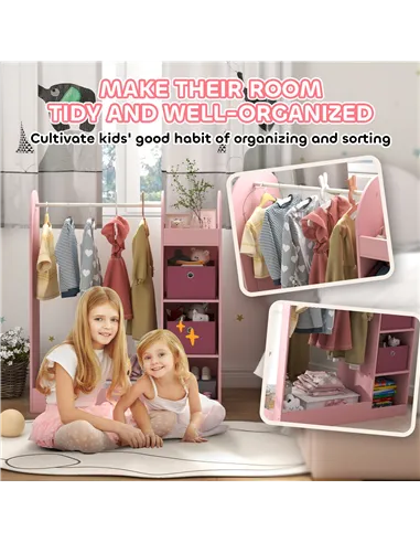 AIYAPLAY Kids Clothes Rail with Storage Shelf, Boxes, Mirror for Bedroom, Nursery, Pink