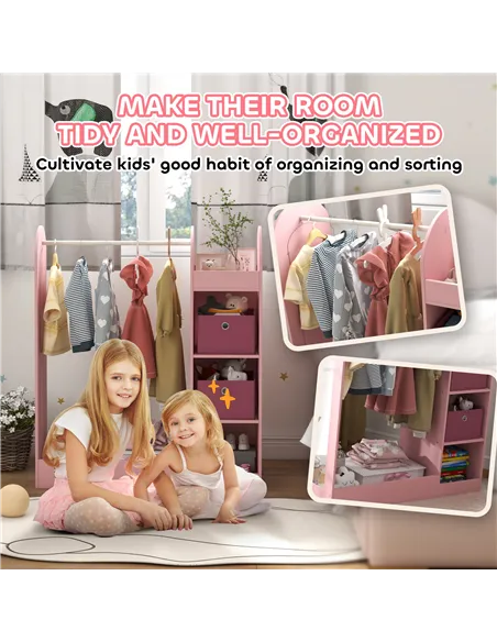 AIYAPLAY Kids Clothes Rail with Storage Shelf, Boxes, Mirror for Bedroom, Nursery, Pink