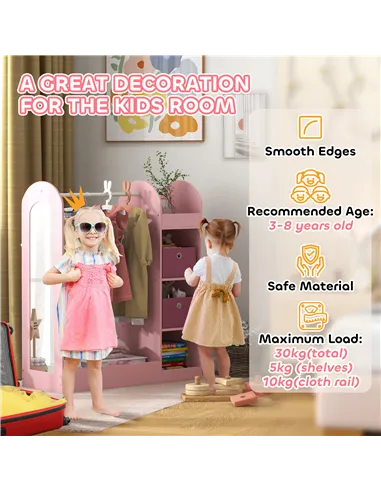 AIYAPLAY Kids Clothes Rail with Storage Shelf, Boxes, Mirror for Bedroom, Nursery, Pink