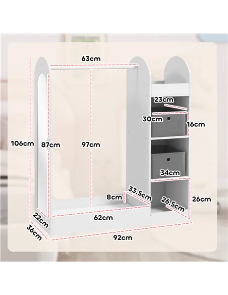 AIYAPLAY Kids Clothes Rail with Storage Shelf, Boxes, Mirror for Bedroom, Nursery, White