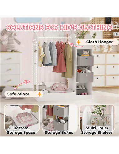 AIYAPLAY Kids Clothes Rail with Storage Shelf, Boxes, Mirror for Bedroom, Nursery, White