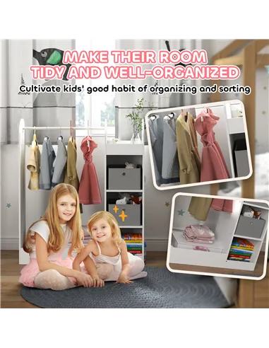 AIYAPLAY Kids Clothes Rail with Storage Shelf, Boxes, Mirror for Bedroom, Nursery, White