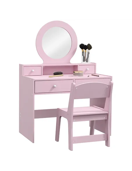 AIYAPLAY Kids Dressing Table Set Kids Make up Table with Stool and Mirror, Storage Drawers, Gift for Aged 3-8