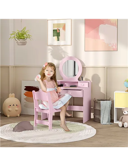 AIYAPLAY Kids Dressing Table Set Kids Make up Table with Stool and Mirror, Storage Drawers, Gift for Aged 3-8