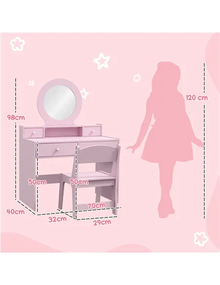 AIYAPLAY Kids Dressing Table Set Kids Make up Table with Stool and Mirror, Storage Drawers, Gift for Aged 3-8