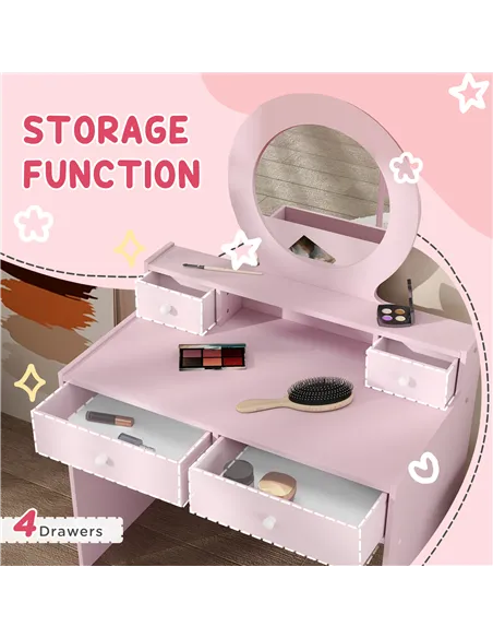 AIYAPLAY Kids Dressing Table Set Kids Make up Table with Stool and Mirror, Storage Drawers, Gift for Aged 3-8