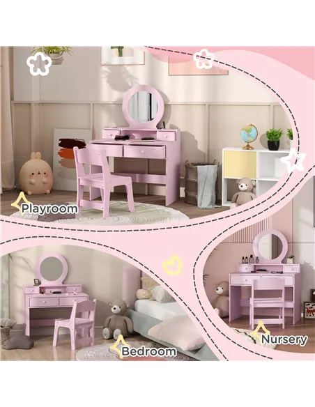 AIYAPLAY Kids Dressing Table Set Kids Make up Table with Stool and Mirror, Storage Drawers, Gift for Aged 3-8